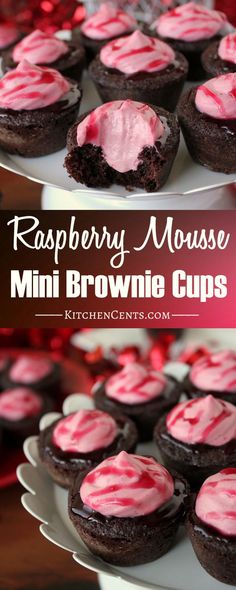 raspberry mousse mini brownie cups with pink frosting on top