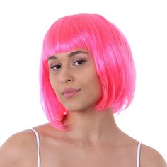 Complete your fancy dress look with this Glamorous short Bright Pink Bob Wig! This 20s Inspired style is the perfect option for anyone looking to add some Fun and Bright Flare to their outfit or costume. Soft and comfortable, you can rest assured knowing you can dance the night away in comfort!  The Wig has a boxy fringe look, adding a stylish and chic look. One Size Fit's Most. Neon Fancy Dress, Pink Bob Wig, Pink Bob, 1980s Party, Affordable Wigs, Wig Party, Short Bob Wigs, Bob Wig, Party Festival