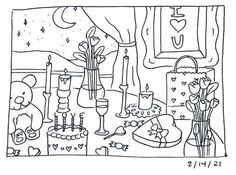 a black and white drawing of a table with flowers, candles and cake on it