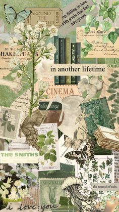 a collage of green and white images with words on them that say in another lifetime cinema