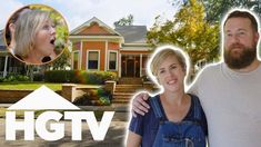 two people standing in front of a house with the words hgtv above them