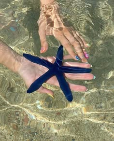 two hands reaching out to each other in the water, with one holding a starfish