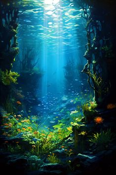 an underwater scene with sunlight streaming through the water and plants growing on the ground in front of it