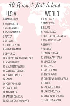 the top ten buckets for travel in the world, with words above it that read 40 bucket list ideas u s a