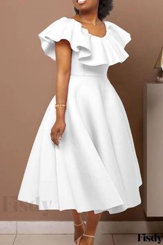 Fisdy - Elegante Vestido de Noche Rosa con Volantes, Diseño Sólido y Cuello en O Ruffled Sleeve Dress, Butterfly Sleeve Dress, Dress Sleeve Length, Evening Dresses With Sleeves, White Dress Party, Summer Fashion Dresses, White Dresses For Women, Midi Dress Party, Evening Dresses Elegant