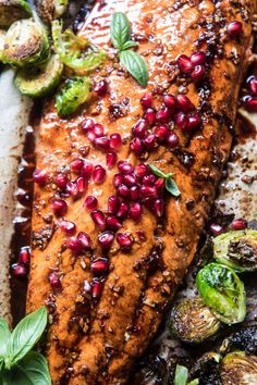 salmon with pomegranates, brussel sprouts and brussels sprouts