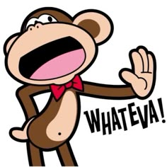 a cartoon monkey wearing a red bow tie and saying what's the word?