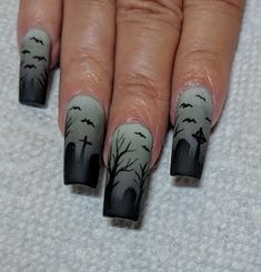 Eye Nail Art Halloween, Graveyard Nails Art Designs, Cemetery Nail Art, Mortician Nails, Spooky Tree Nails, Gravestone Nails, October Nails Halloween Acrylic, Graveyard Nail Art, Haunted House Nail Art