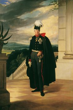 a painting of a man in uniform standing on a balcony next to a planter