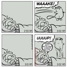 comic strip with an image of a dog laying in bed and another cartoon about waking up