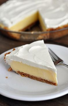 a slice of cheesecake on a white plate with a fork next to the pie