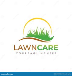 lawn care logo design with green grass and yellow sun on white background, suitable for landscaping company