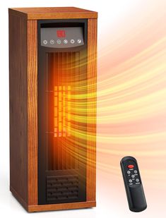 a wooden cabinet with a remote control next to it and an image of a heater in the background