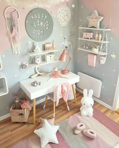 a child's room decorated in pastel colors