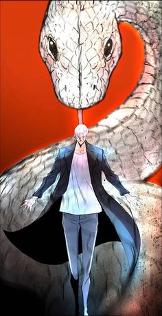 an anime character is standing in front of a large white snake with his eyes open