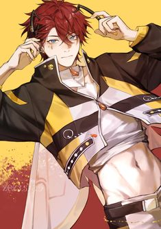 an anime character with red hair and white pants holding his hands to his ears while standing in front of a yellow background