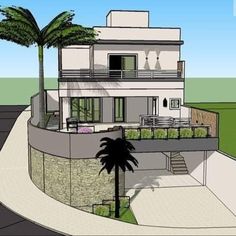 an artist's rendering of a house with palm trees in the front and side