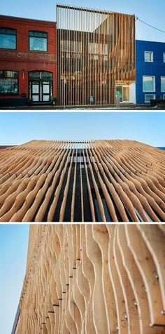 three different views of the outside of a building with wooden slats on it's sides