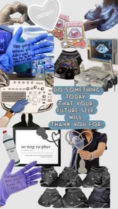 a collage of images with words and pictures on them, including hands in blue gloves