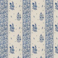 a blue and white striped wallpaper with floral designs on the border, in an ornate pattern