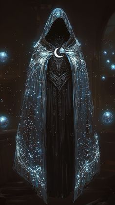 a hooded cloak with stars and lights on it, in front of a dark background