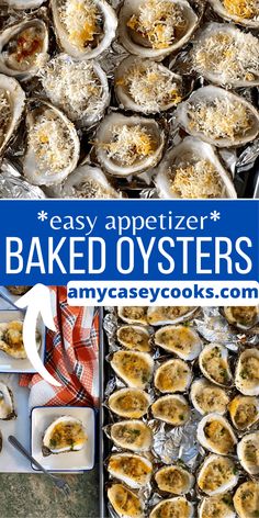 an assortment of baked oysters with text overlay that reads easy appetizer baked oysters