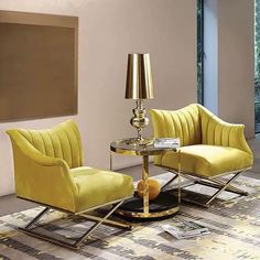 a living room with two yellow chairs and a round table in the middle, on carpeted flooring