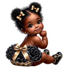 Add a touch of sweetness and charm to your creative projects with our adorable African American Baby Girl Clipart! Perfect for baby showers, birthdays, nursery art, and more, this delightful design captures the innocence and joy of a baby girl. This charming clipart features an African American baby girl with cute afro puff hair, adorned with pretty gold bows. She is sitting with her back facing the viewer, showcasing her cute black and gold floral ruffle diaper with pretty golf bow and matching Granddaughter Quotes, Black Baby Art, Black And Gold Shoes, American Baby, Doll Party, Afro Puff, Ruffle Pants, Girl Clipart