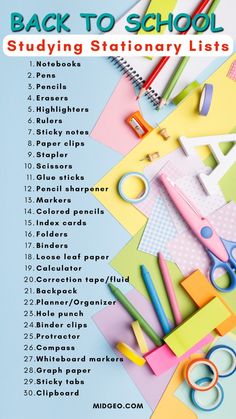 back to school studying stationery lists