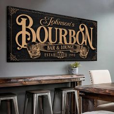 a bar and lounge sign hanging on the wall above a table with chairs in front of it