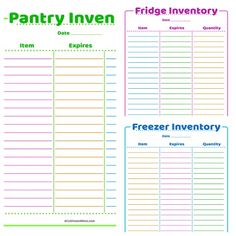 two printable inventory sheets with the words freeze inventory and freebie inventory on them