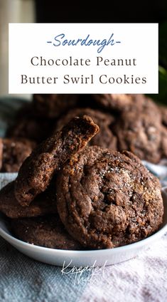 chocolate peanut butter swirl cookies on a plate with text overlay that reads, southern chocolate peanut butter swirl cookies