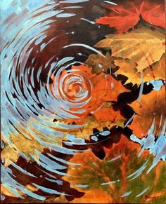 an abstract painting with leaves in the water and swirls on it's surface