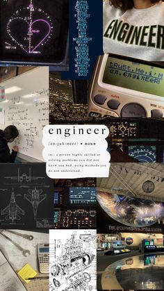 a collage of various images with the words engineer written on them in black and white