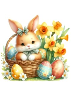 an easter bunny sitting in a basket with eggs and daffodils