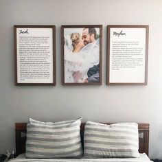 a bed with two framed pictures on the wall above it, and a couple's wedding vows