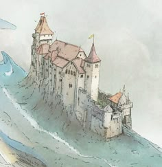 an illustration of a castle on top of a hill with waves crashing in front of it