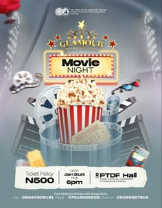 a movie night flyer with popcorn and movies