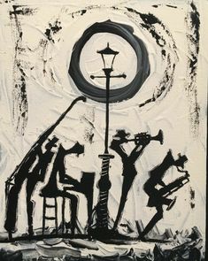 an abstract painting with black and white paint on it's surface, depicting the silhouettes of people in front of a street light pole