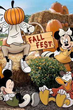 mickey mouse and friends in front of pumpkins with the words fall fest written on them