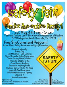 a flyer for the safety fair with balloons and a sign that says, safe is fun