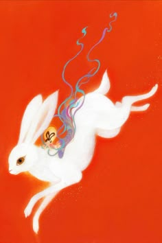 Moon Rabbit or Jade Rabbit that lives in the Moon Palace and makes medicine there. 屈原《天问》：“夜光何德，死则又育？厥利维何，而��顾菟在腹？” Picture from Artist 鹿菏HE. Snake And Rabbit, Asian Animals, Chinese Rabbit, Chinese Rabbit Art, Moon Bunny, Lunar Rabbit Art, Moon Rabbit Wallpaper, Moon Rabbit, Moon And Rabbit