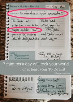 an open notebook with writing on it and the words 7 minutes a day will rock your world