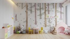 a child's room with wooden floors and walls decorated in pastel pink, yellow and green