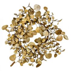 a bunch of gold colored leaves on a white background