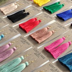 "Just the pop of color you need. These hand-tied tassel earrings are made with cotton threads so they're virtually weightless. So lightweight, you might just forget you have them on. That is until you start hearing \"I love your earrings!\" again and again! The only problem is the 25 different colors. How will you ever choose? ;) + super lightweight cotton tassel (choose from 25 different colors) + gold-plated or silver-plated stainless steel ear wire hooks (lead-free and nickel-free) + comes wi Home Made Earrings, Black Peony, Plastic Earrings, Earrings Bohemian, Earring Cards, Bohemian Earrings, Beaded Hoops