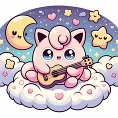 a cartoon cat playing a guitar on top of a cloud with stars and moon in the sky