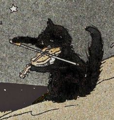 a black dog with a violin in its mouth sitting on the ground next to stars