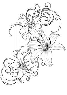 a drawing of flowers with swirls and bubbles on the bottom half of each flower