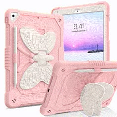 the pink ipad case has a white butterfly on it's back and is open